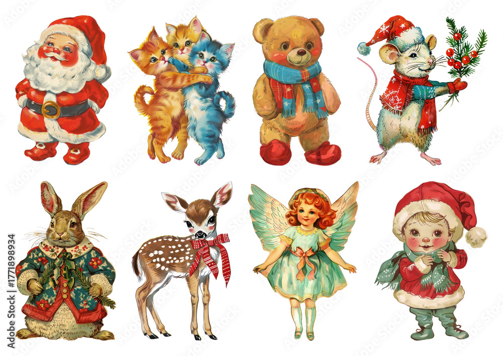 Obraz premium PNG Vintage Christmas animal illustrations, element set on transparent background