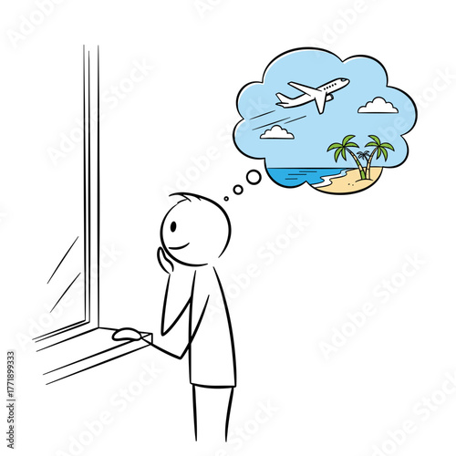 Stick figure dreaming of vacation at beach while looking out window  