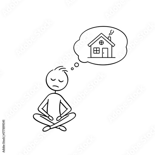 Stick figure meditating and contemplating the concept of a cozy home