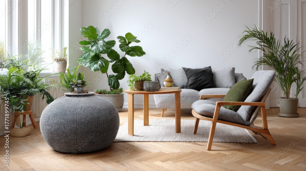 Fototapeta premium pouf and gray armchair in spacious living room interior with plants and sofa near wooden table no logos no brands ar 169