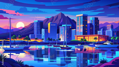 Very beautiful blue hour view of Honolulu skyline on Oahu, Hawaii, USA, featuring Ala Wai Boat Harbor, calm ocean reflections, and Diamond Head volcano under a glowing twilight sky.