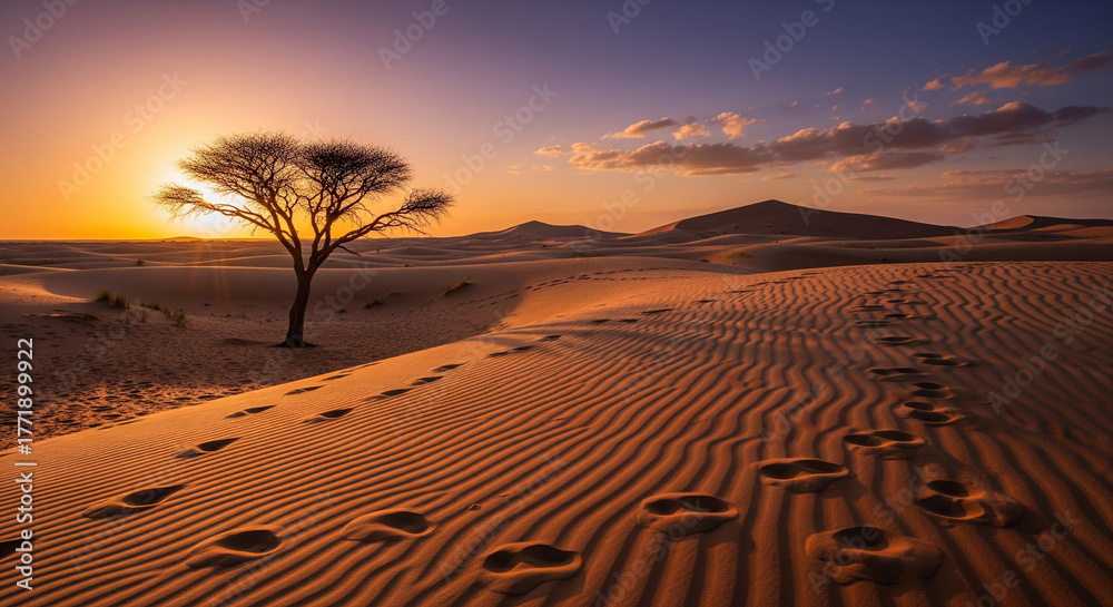 Naklejka premium A Vast Desert Landscape at Sunset With Rolling Sand Dunes