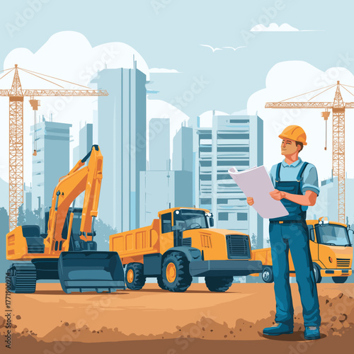 Construction site with an excavator, bulldozer, and dump truck in the background. a man in blue overalls stands holding papers near the machinery. the city building is under construction. Heavy duty e