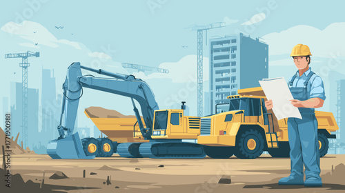 Construction site with an excavator, bulldozer, and dump truck in the background. a man in blue overalls stands holding papers near the machinery. the city building is under construction. Heavy duty e