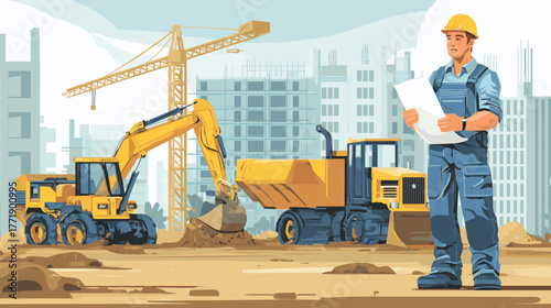 Construction site with an excavator, bulldozer, and dump truck in the background. a man in blue overalls stands holding papers near the machinery. the city building is under construction. Heavy duty e