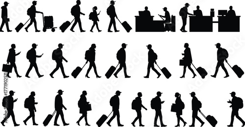 PrintBusiness travel silhouettes, office worker icons, luggage and desk poses, black vector illustration, cad drawing, flat vector illustration, workplace motion