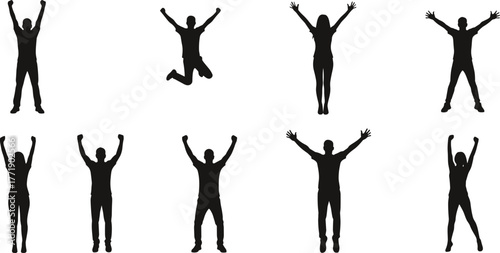 Celebration silhouette poses, joyful and triumphant gestures, raised arms and jumping figures, emotional expression reference, flat vector, cad drawing illustration