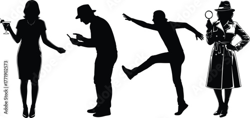 Character silhouette vector, detective pose icon, dancing figure illustration, stylish woman graphic, cad drawing flat vector illustration