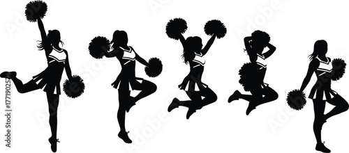 Cheerleader silhouette set, pom-pom dance poses, energetic female icons, black vector illustration, cad drawing, flat vector illustration, spirit motion