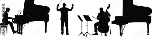 Classical music ensemble, conductor and musician silhouettes, piano and bass icons, black vector illustration, cad drawing, flat vector illustration