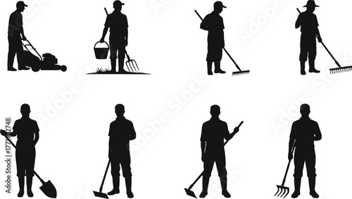 Gardening worker silhouettes, tool usage poses, shovel rake hoe pitchfork, landscaping activity reference, flat vector, cad drawing illustration
