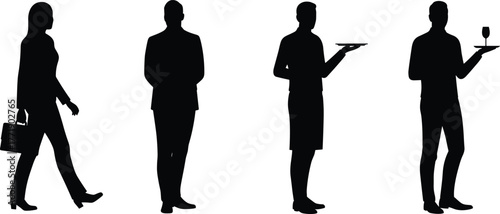 Hospitality staff silhouettes, businessperson and waiter icons, tray holding poses, black vector illustration, cad drawing, flat vector illustration