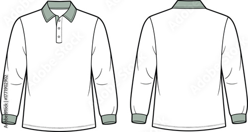 Classic long sleeve polo shirt flat sketch, fashion cad drawing, casual apparel vector illustration design template