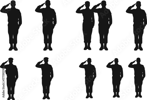 Military salute silhouettes, standing soldier poses, discipline and respect gesture reference, teamwork formation, flat vector, cad drawing illustration
