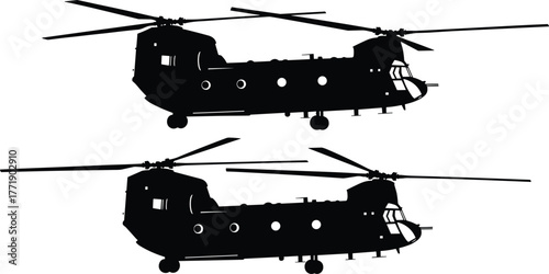 military helicopter silhouette, CH-47 Chinook, tandem rotor, aircraft design, troop transport, battlefield support, vector art, cad drawing flat vector illustration