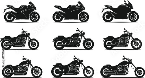 Motorcycle silhouette collection, sport bike vector, cruiser bike icon set, black motorbike shapes, cad drawing flat vector illustration