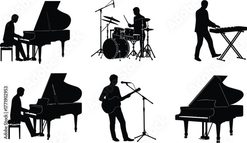 Musician silhouette set, piano and guitar icons, drum and keyboard figures, black vector illustration, cad drawing, flat vector illustration