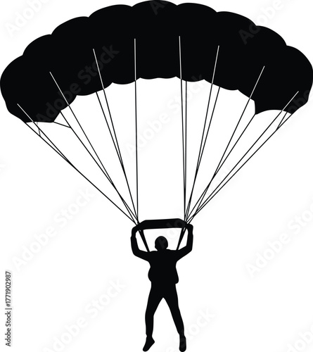 Parachute silhouette icon, skydiving person graphic, black vector illustration, aerial descent symbol, cad drawing, flat vector illustration, extreme sport