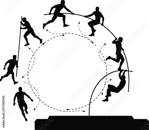 Pole vault silhouette, athlete jump vector, sports motion sequence, track and field icon, cad drawing flat vector illustration