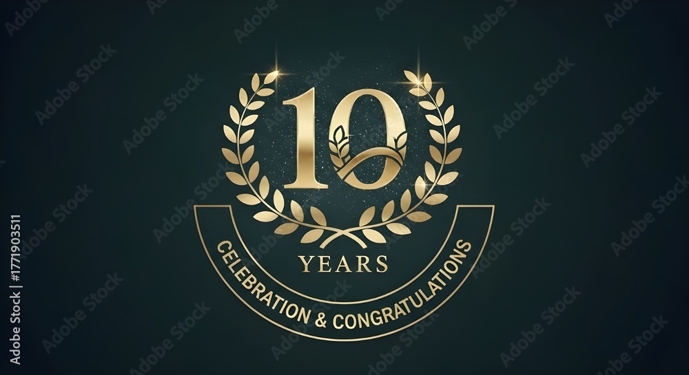 Fototapeta premium Elegant golden laurel wreath emblem celebrating 10 years of business, with text 10 years celebration congratulations