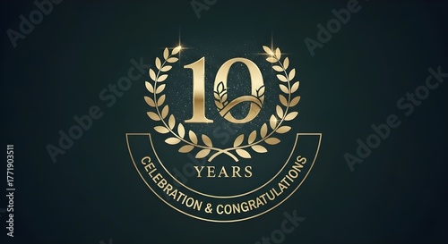 Elegant golden laurel wreath emblem celebrating 10 years of business, with text 10 years celebration congratulations
