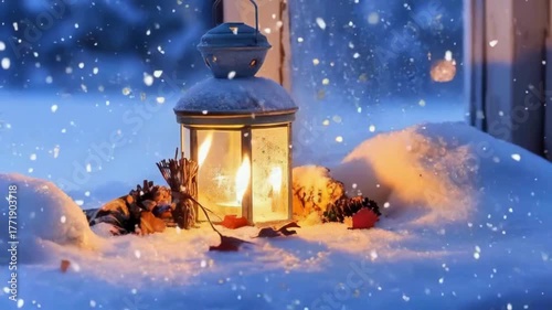 A festive Christmas scene featuring lamp,Christmas ambience, snow falling outside, Christmas ambience videos, Christmas decoration, snow falling outside, Christmas lights and snow falling