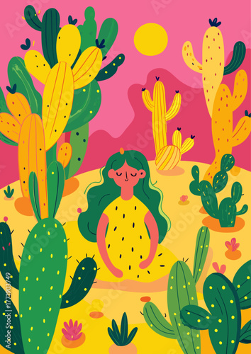Whimsical Illustration of a Happy Woman Embracing Natural Beauty Among Cacti