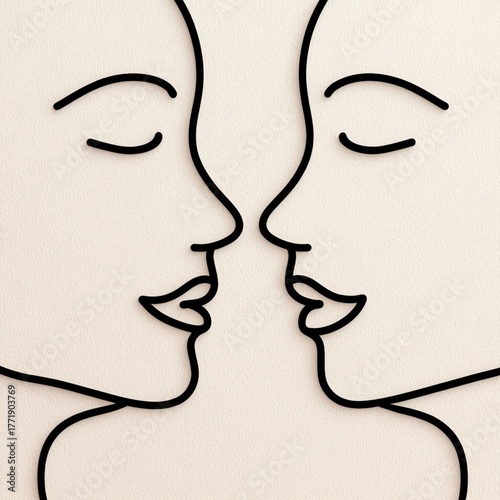Aesthetic Decor for Couple Spaces Artistic line drawing of two abstract faces gently touching, embodying connection and intimacy.