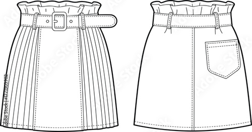 Pleated high waist skirt flat sketch, belted fashion design template, front and back vector illustration outline
