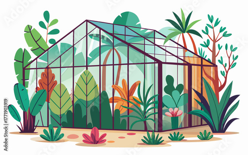 Vibrant Tropical Greenhouse Illustration with Lush Greenery