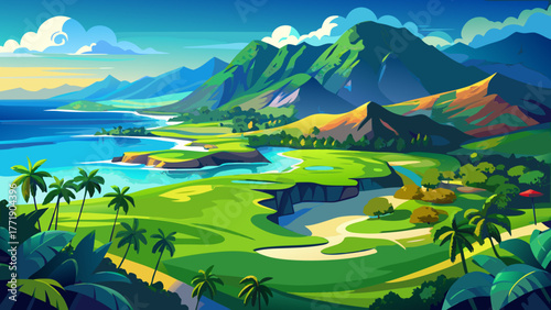 Very beautiful aerial view of a golf course in Kauai, Hawaii, USA, featuring lush green fairways, tropical palm trees, ocean views, and surrounding mountains under bright blue skies.