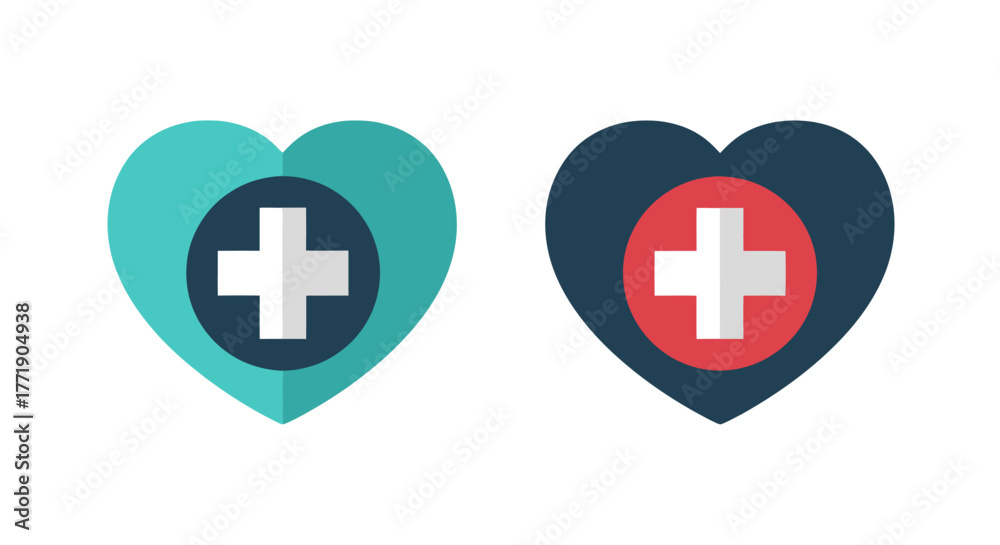Fototapeta premium Two heart shaped icons with a medical cross inside each
