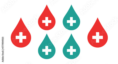 Six teardrop shaped icons with white crosses red and teal colors