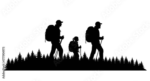 Silhouetted family hiking together through a forest landscape with evergreen trees