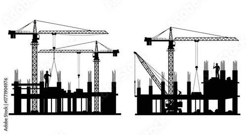 Silhouetted construction cranes and building site with workers in progress