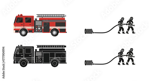 Cartoon fire truck with firefighters and hose in color and silhouette