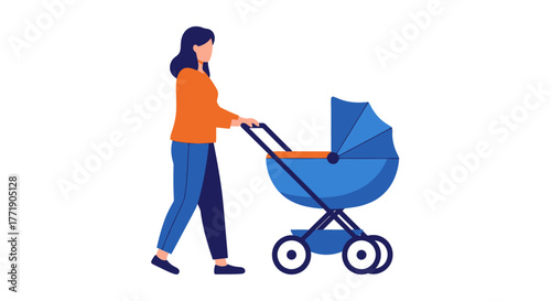 A young mother walking with a baby in a blue stroller