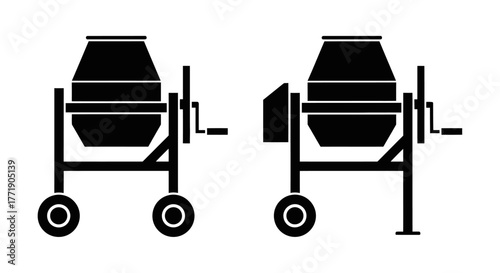 Two black and white illustrations of cement mixers on white background