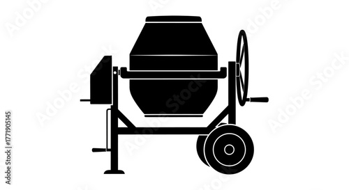 Simple black and white illustration of a portable concrete mixer machine