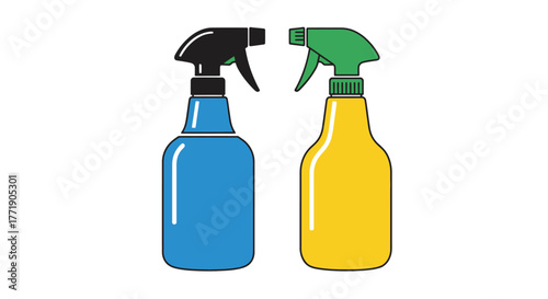 Two spray bottles one blue and one yellow are side by side