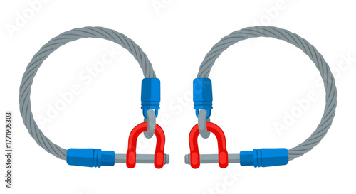 Two wire rope slings with blue and red hardware components