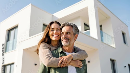 Woman hugging man from behind, both smiling confidently in front of a modern white house. Homeownership and couple's lifestyle with copy space