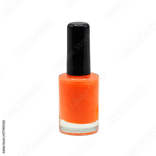 Glass bottle of bright orange nail polish isolated on white background