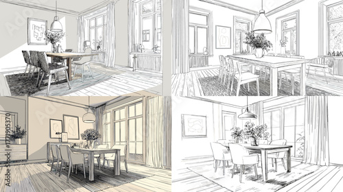 Detailed sketch of a modern dining room interior with wooden floor, furniture, and soft lighting. Perfect for architecture, home design, and interior concept visualization.