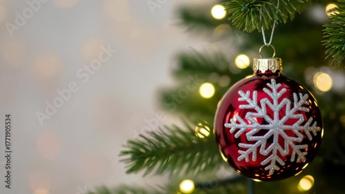 Red Christmas ornament with snowflake design hanging on green tree branch, blurred festive lights in background. Holiday season celebration and winter decoration with copy space