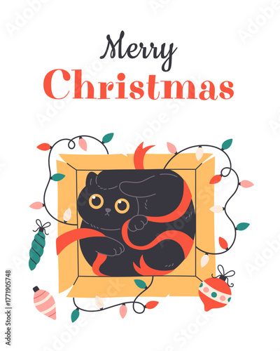 Cute simple Christmas greeting card with cat in box with Christmas toys and garland. Feline Xmas fun. Perfect for cards, invitations, posters, home decor, and seasonal design. Flat vector illustration