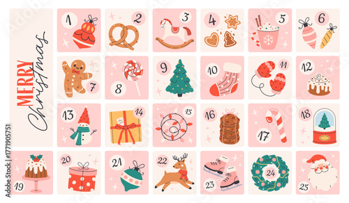 Cute Christmas advent calendar. Cozy festive december countdown with gifts and sweets. Perfect for Christmas cards, posters, wrapping paper, and seasonal design projects. Flat vector illustration