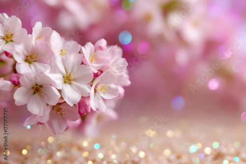 Close-up of delicate pink cherry blossom flowers with a soft, sparkling bokeh background. The image features gentle pastel tones and a dreamy, festive atmosphere.