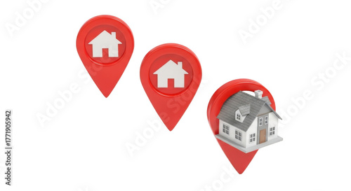 Three red map location pins with house icons and one pin showing a house isolated on transparent background