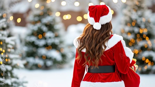 Woman in Santa Claus costume holding gift sack, walking in snowy winter scene with festive lights. Holiday season celebration and Christmas gift delivery with copy space